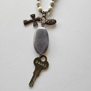 Polished Gemstone and Beaded Necklace with Cross/Key